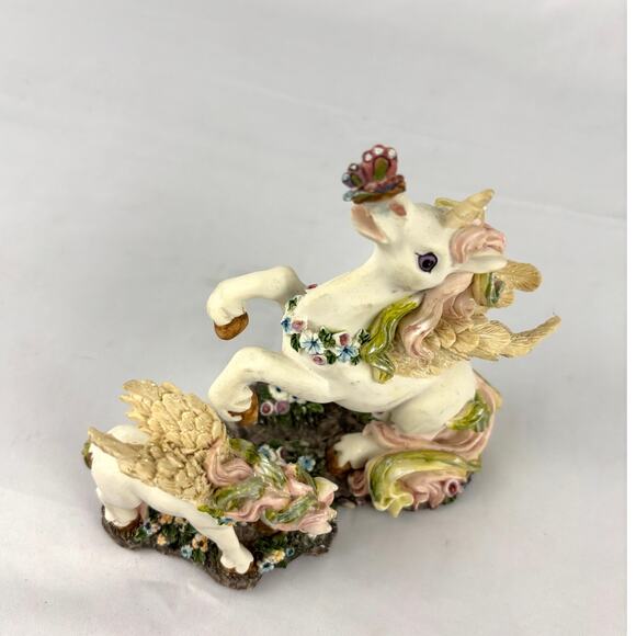 Vintage Hand Painted Unicorn Resin Figurine Whimsical Floral 1980s Mom and Baby - Picture 7 of 14